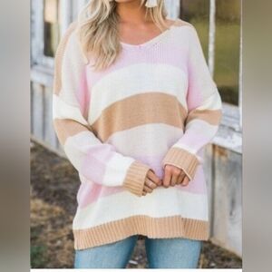 MUSTARD SEED Women's Size Small Oversized Drop Shoulder Striped V-neck Sweater